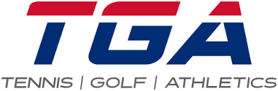 Logo of TGA Tennis and Golf Athletics featuring a stylized tennis racket and golf club crossed over each other.