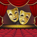 Theatre stage featuring two masks, symbolizing comedy and tragedy, set against a dark backdrop.
