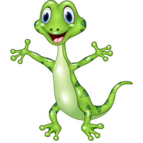 Cartoon green lizard with arms outstretched, smiling and ready to engage with its surroundings.
