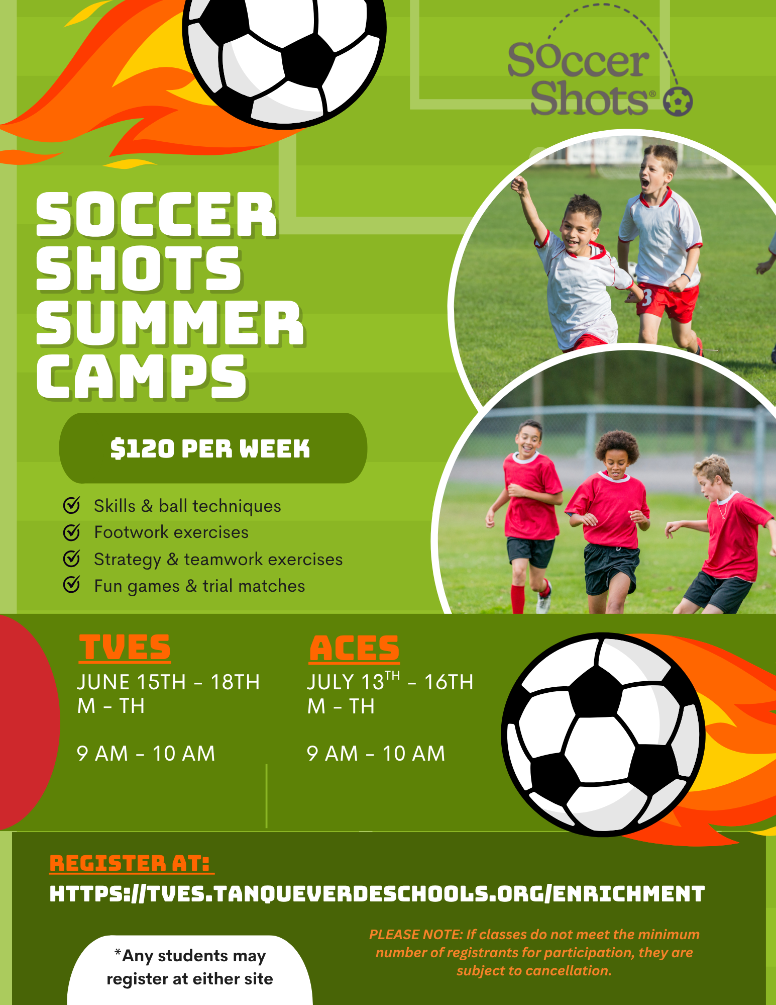 A poster advertises summer soccer camps for kids. It features images of children playing soccer. Text highlights dates, times, and prices.