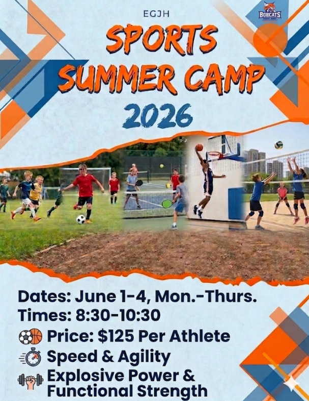 Sports summer camp 2026 advertisement with children playing sports. Dates: June 1–4, Monday to Thursday. Times: 8:30–10:30 AM. Cost: $125 per athlete. Focuses on speed, agility, explosive power, and functional strength.
