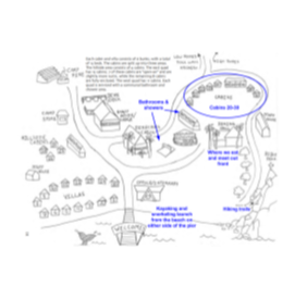 A diagram with a circular blue marker on a white background showing a map of a beach area.