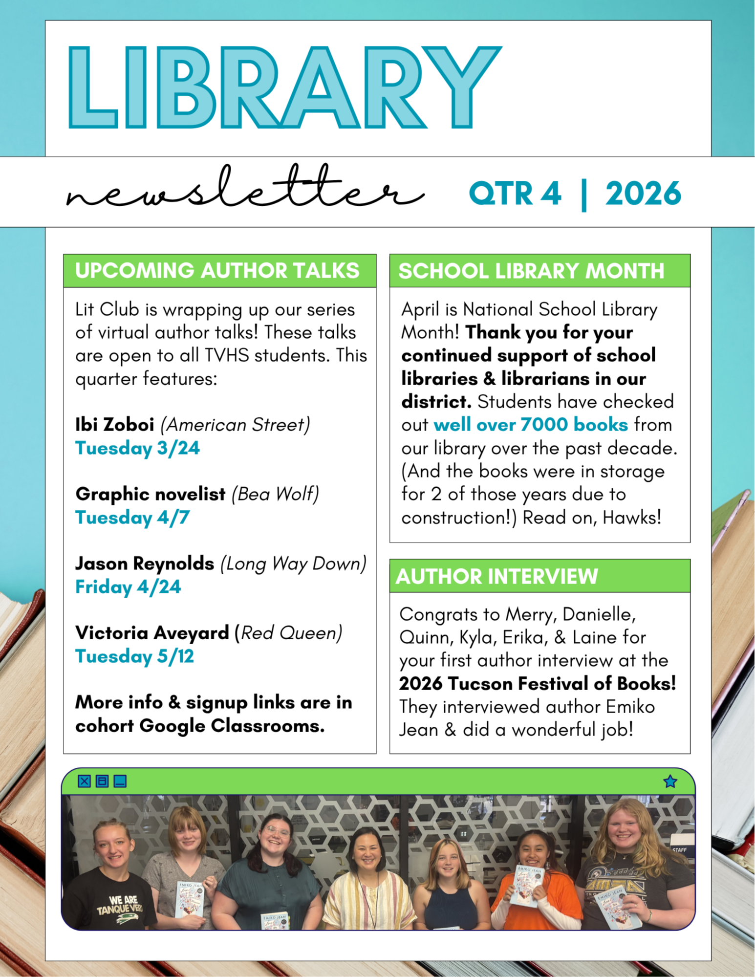 Library newsletter for 4th quarter - all information in this image is provided elsewhere on this webpage or directly to our students through Google Classroom