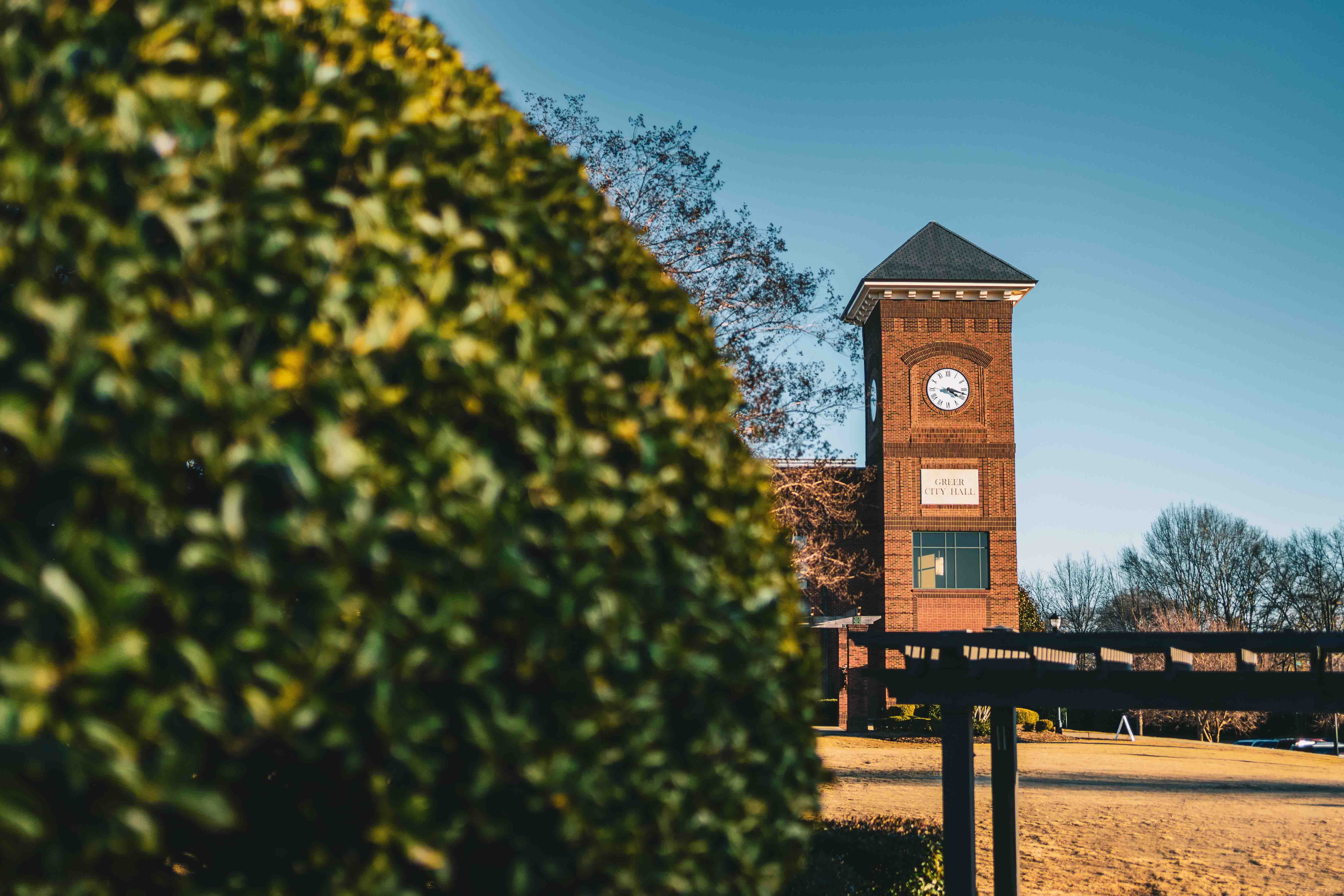 shot of greer city hall from city park