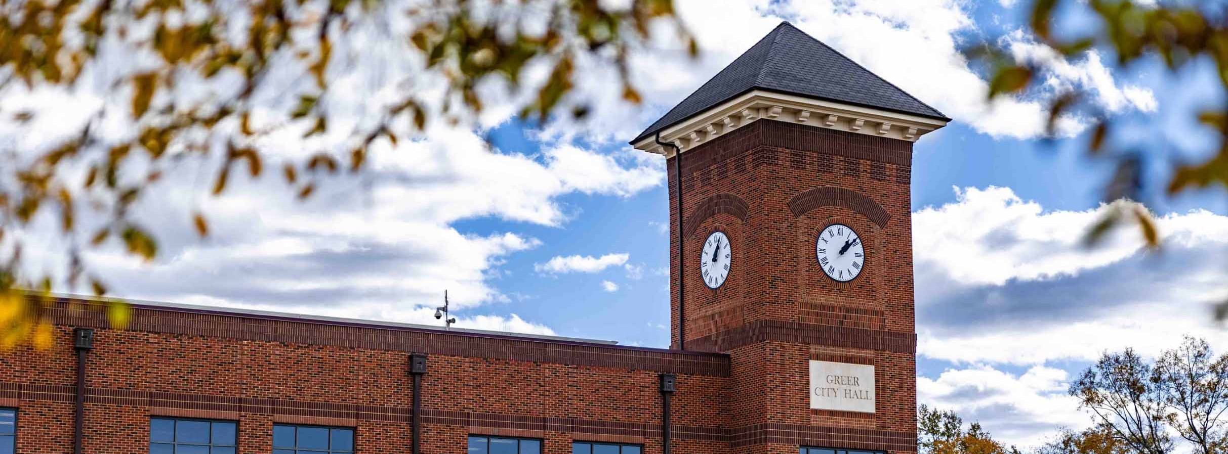 Picture of Greer City Hall with a blue sky in the background and foliage in the upper foreground