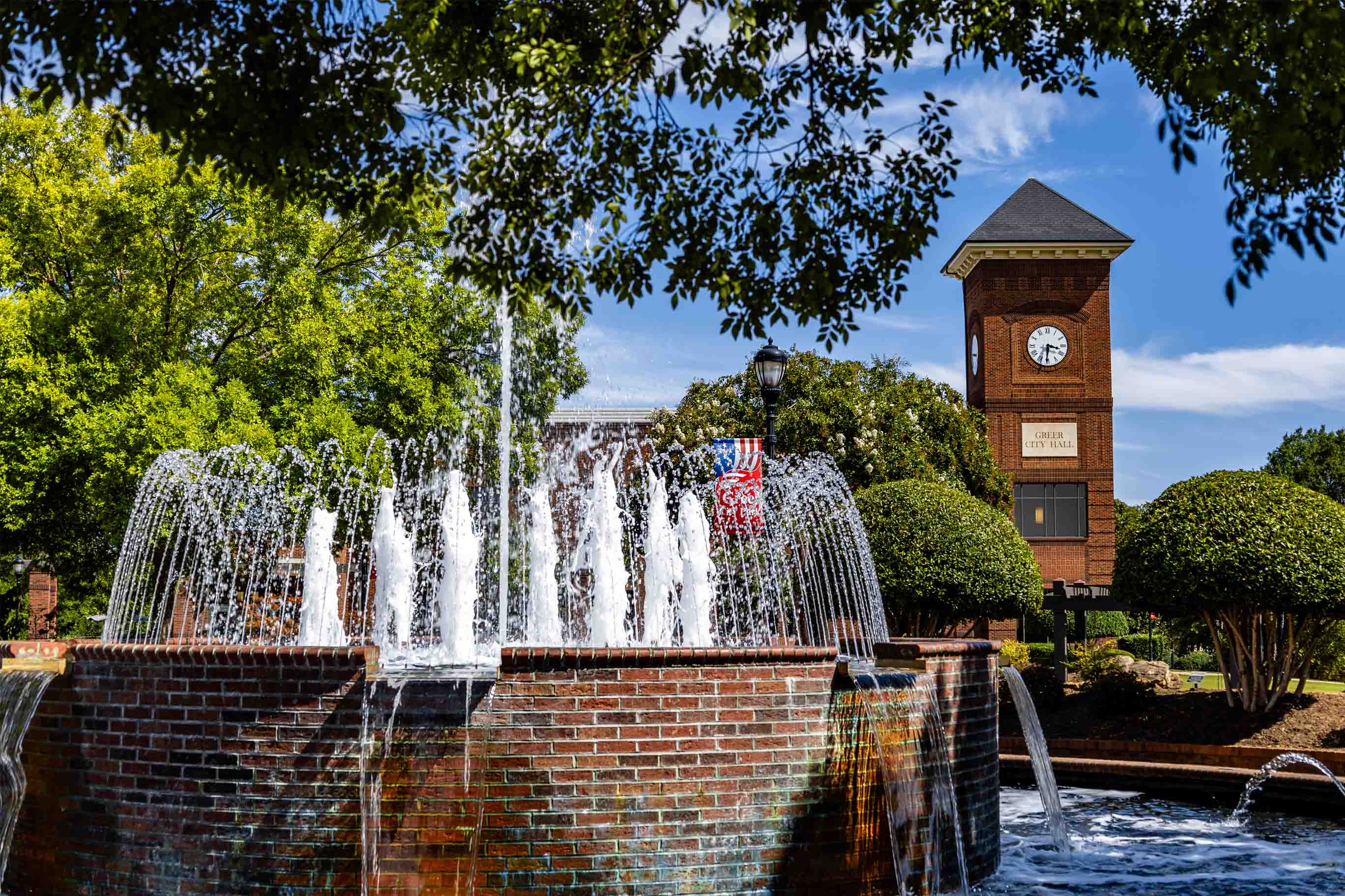 Greer City Park Fountain with City Hall Tower in the Background