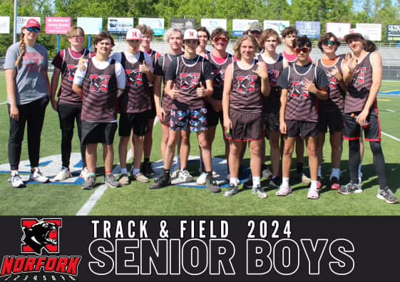 A group of young men in sports gear, posing for a photo with a sign that reads 'Norfolk Senior Boys Track & Field 2024'.
