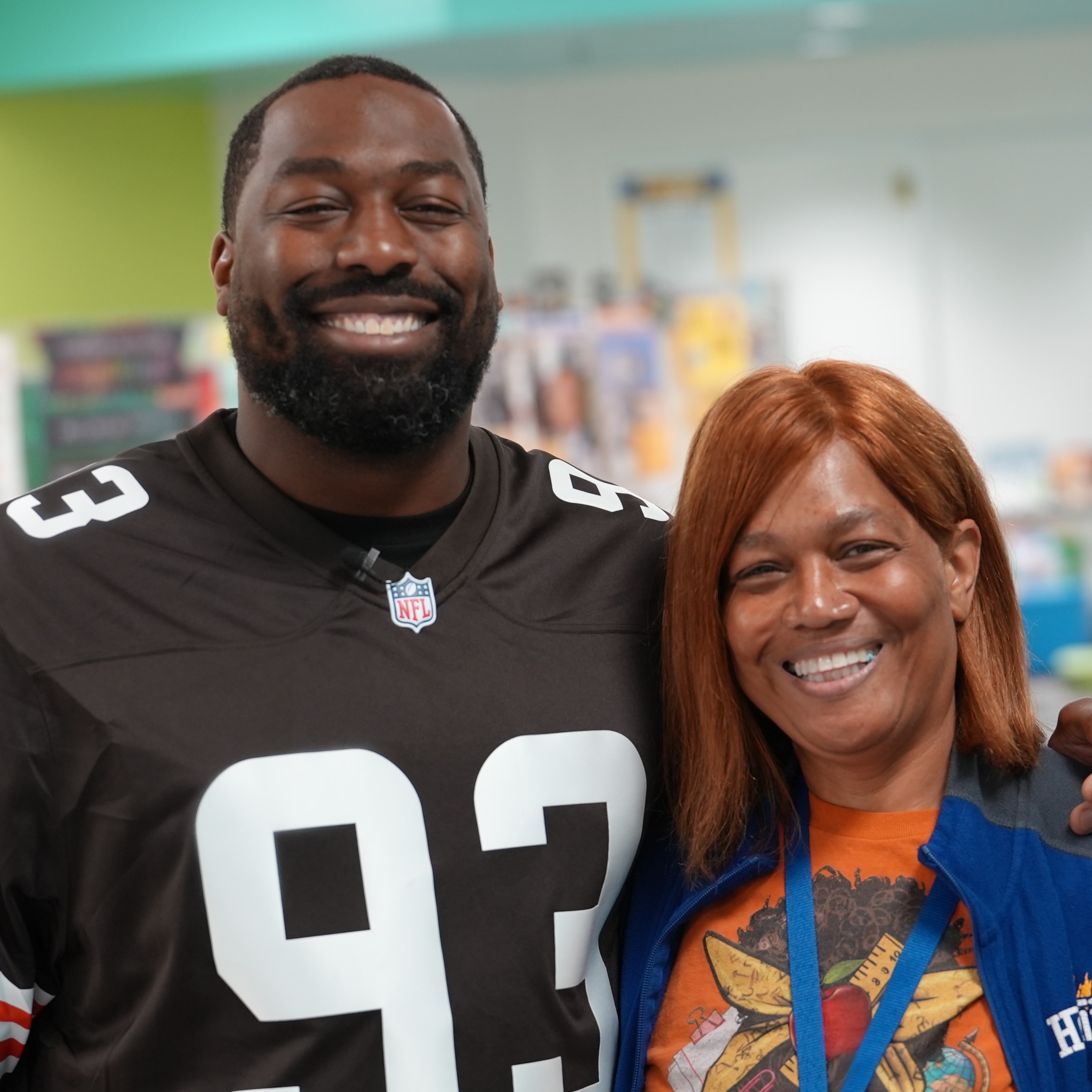 Cleveland Browns player Shelby Harris and teacher