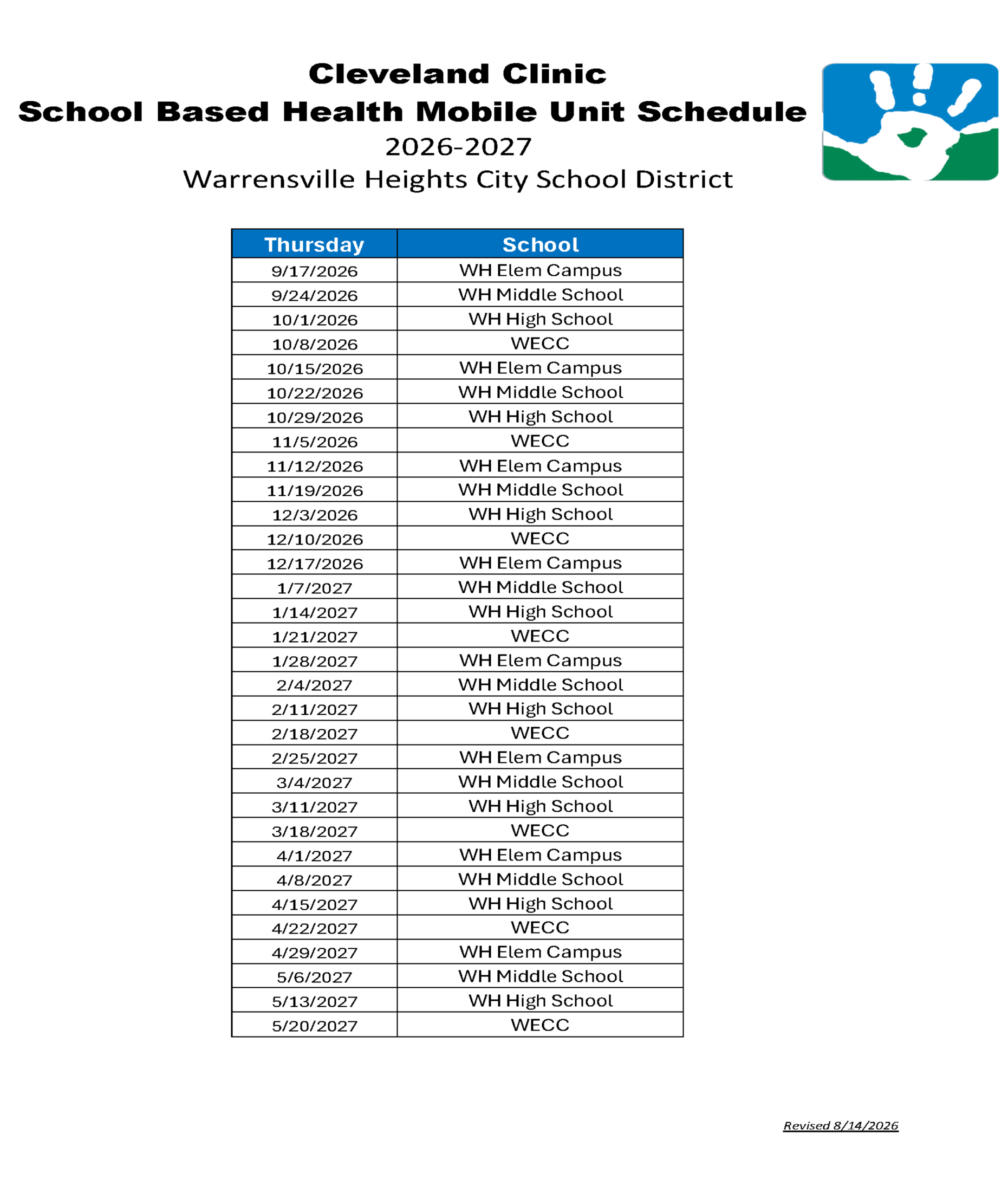 Cleveland Clinic Mobile Unit Schedule