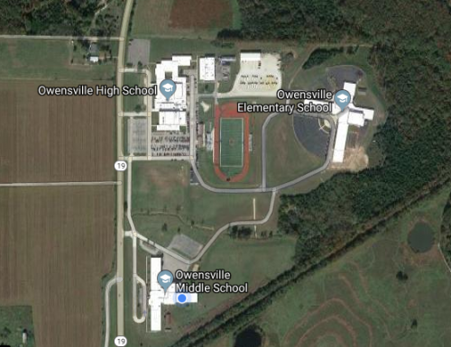 Owensville HS, Owensville ES and Owensville MS located in a map