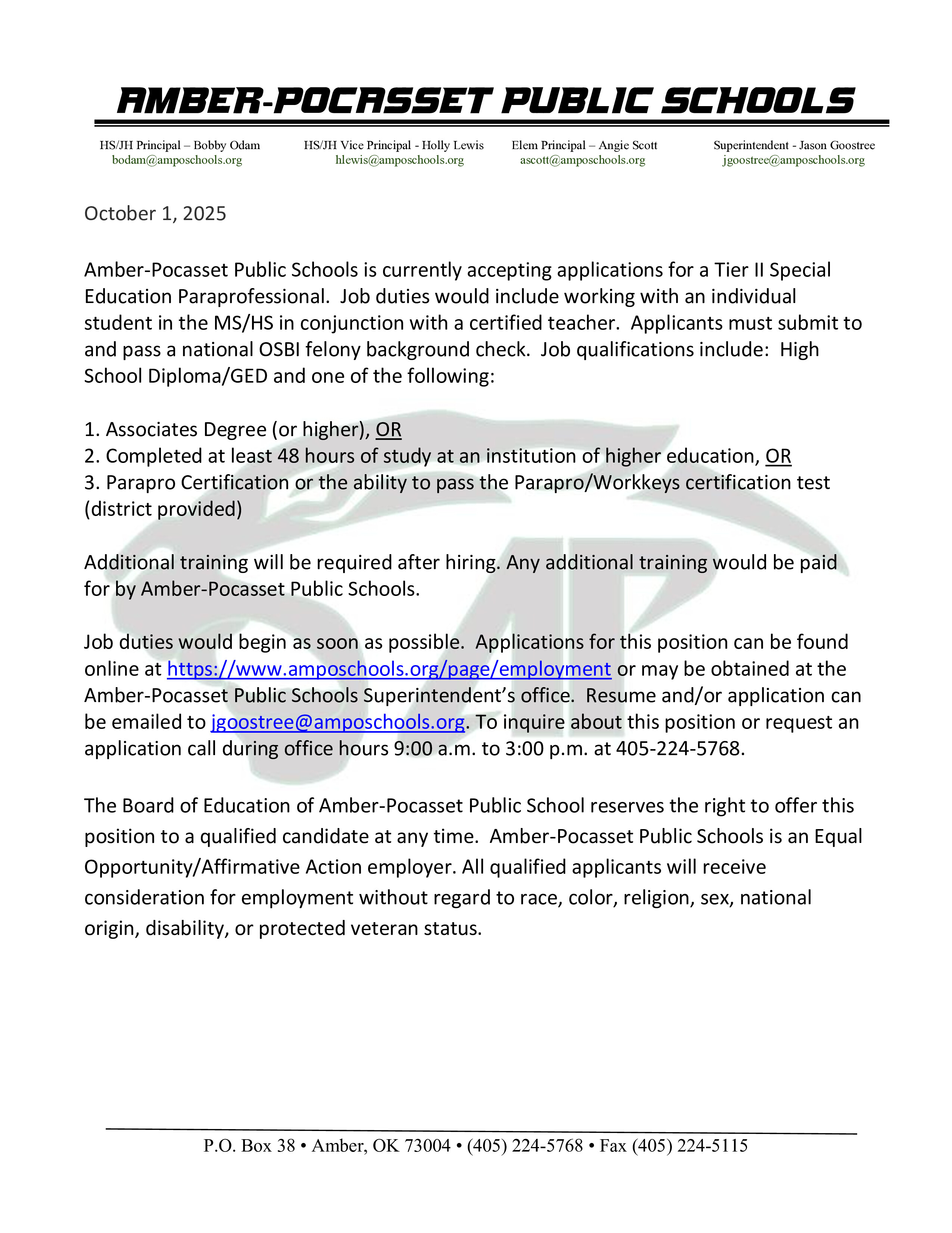 Employment Opportunity--Tier II Paraprofessional