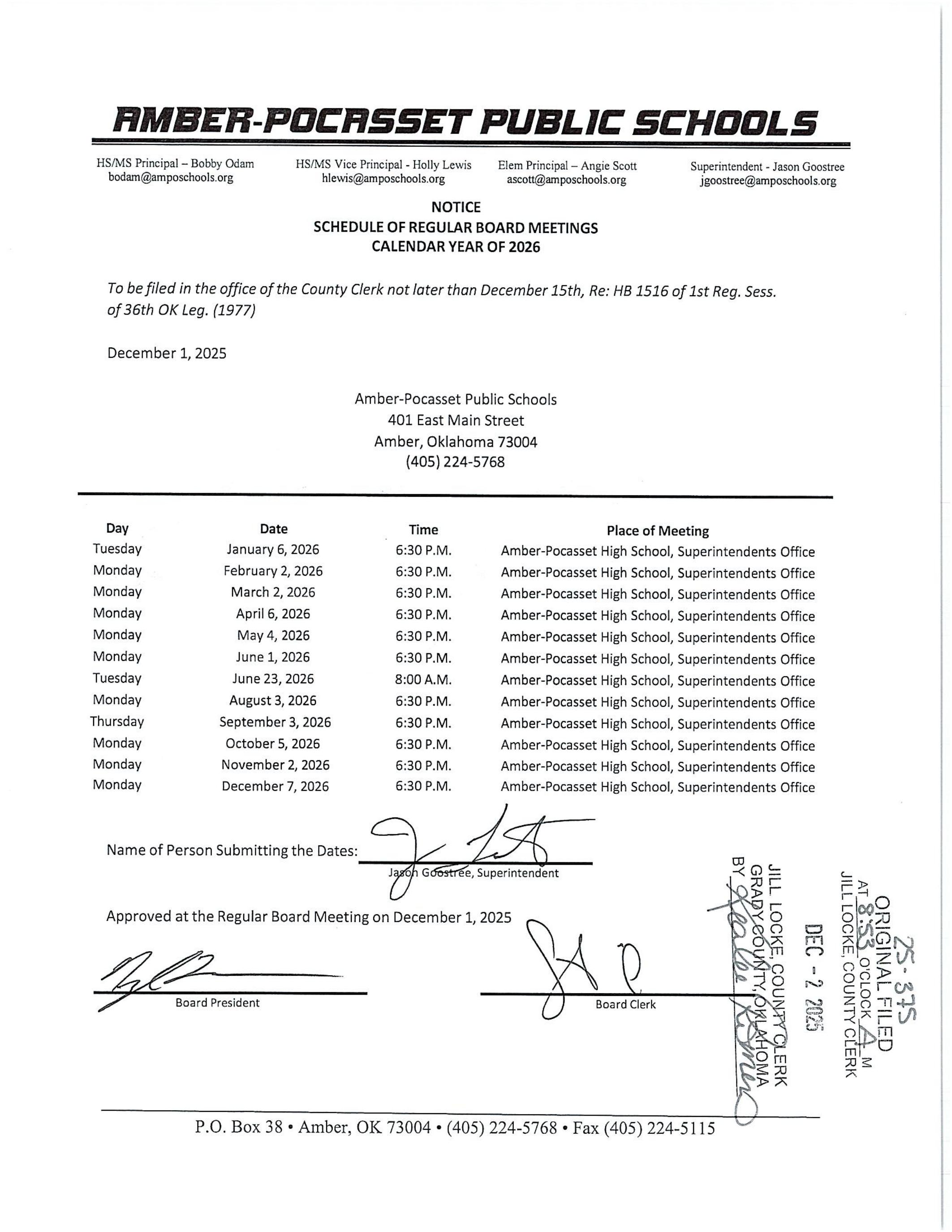 2026 Board Meetings Schedule