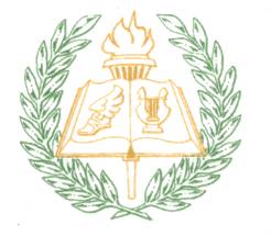 An emblem featuring an open book with a torch above it, flanked by a laurel wreath, symbolizing knowledge and achievement.