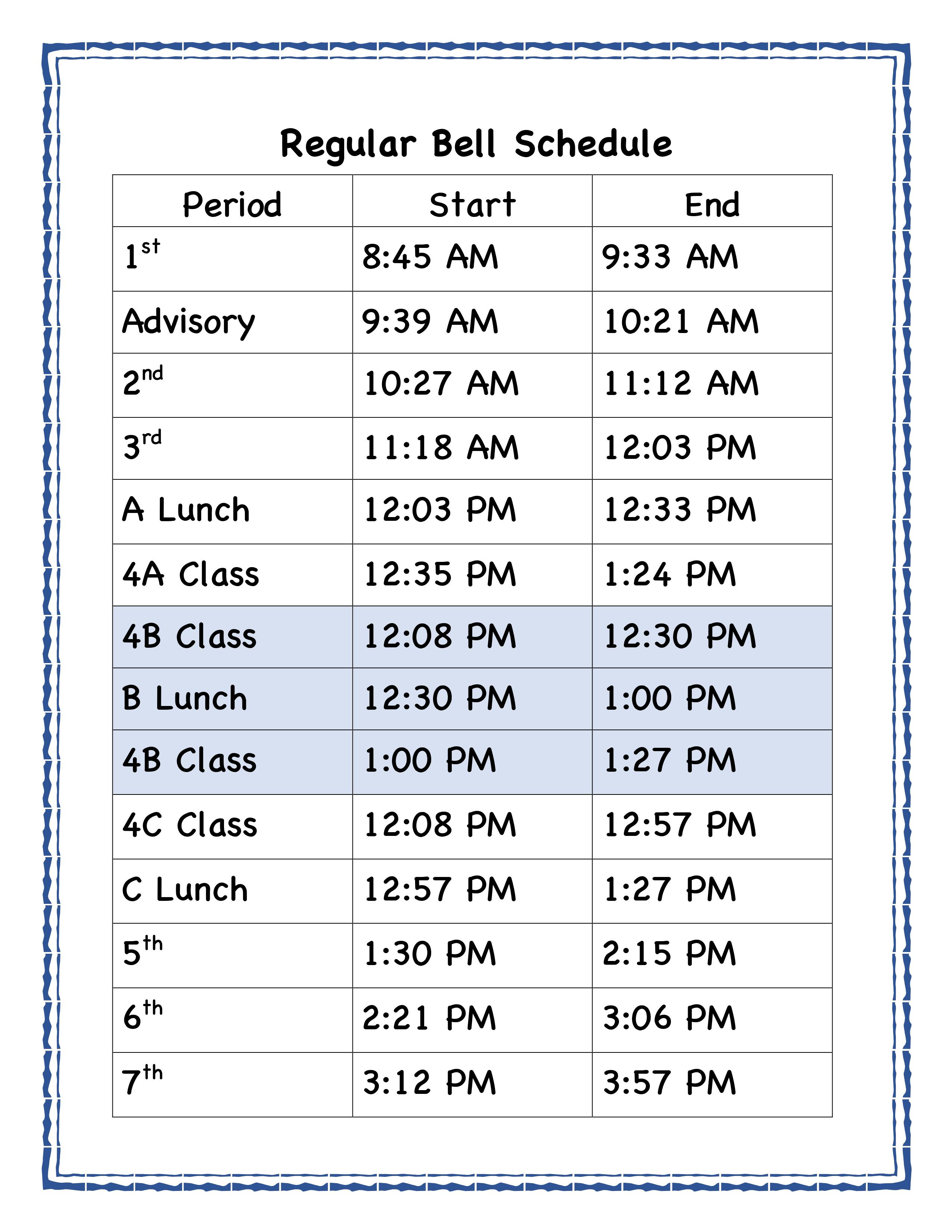 Central Regular Bell Schedule