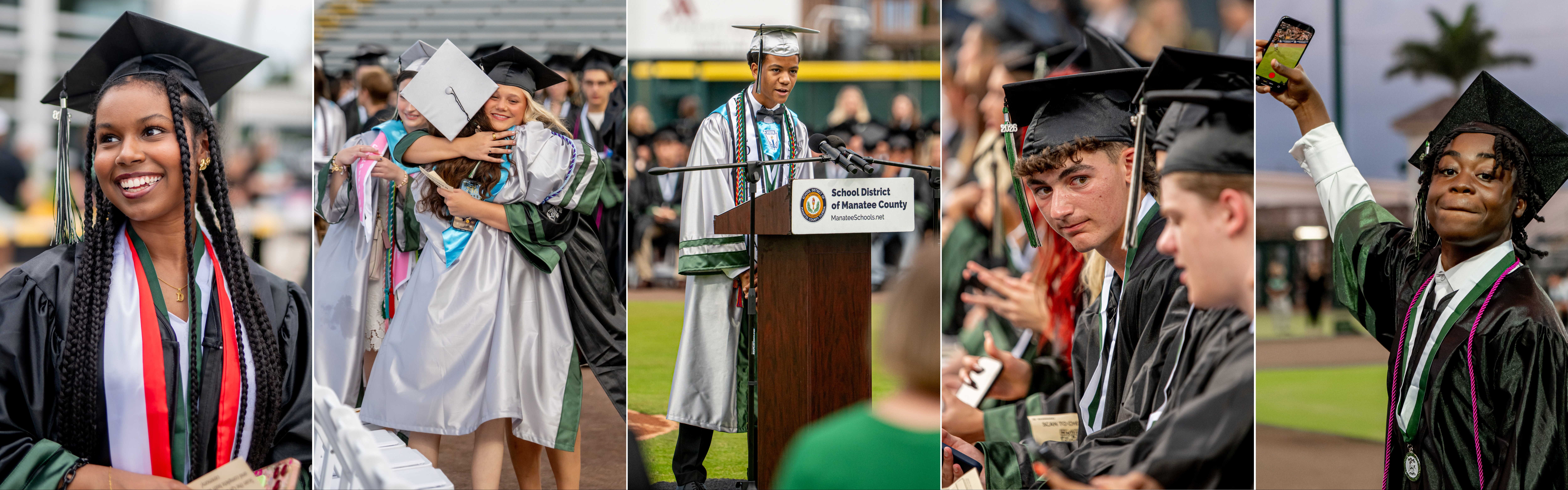 Lakewood Ranch High School Graduation Ceremony. Three pictures of students in caps and gowns at the ceremony.