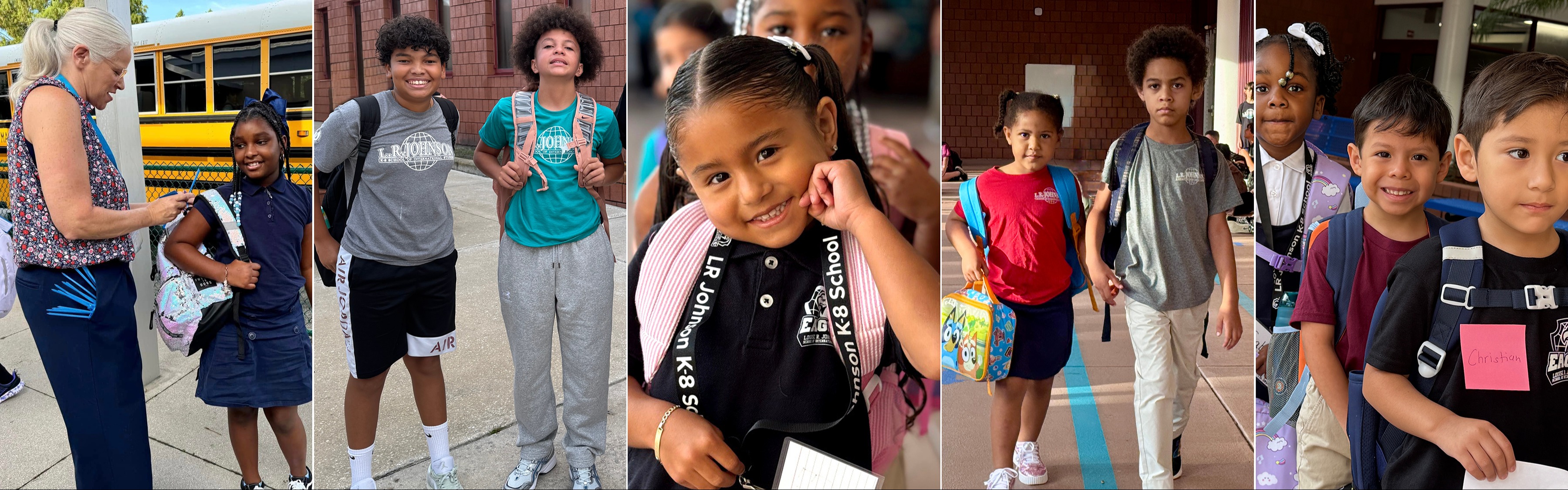 Students arriving for the first day of school at different schools.