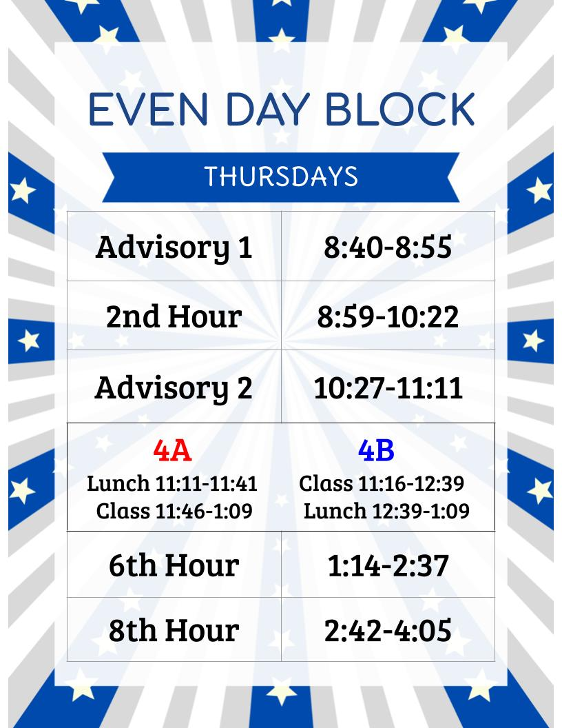 GJHS Thursday (Even Days) Schedule