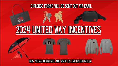 image with t shirts, belt bags, umbrellas and a quote that says 2024 united way incentives