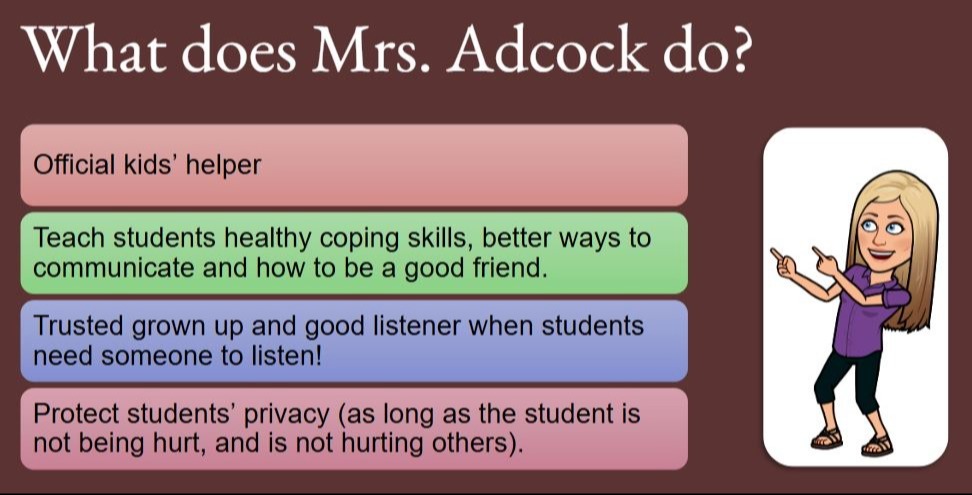 What does Mrs. Adcock do? 1