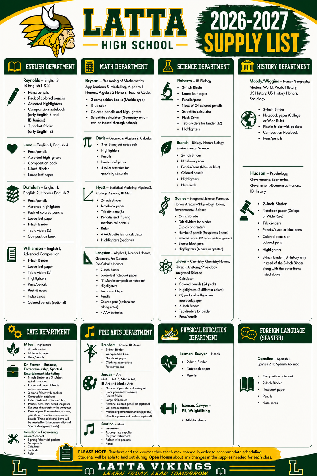 Updated 2026-2027 LHS Supply List