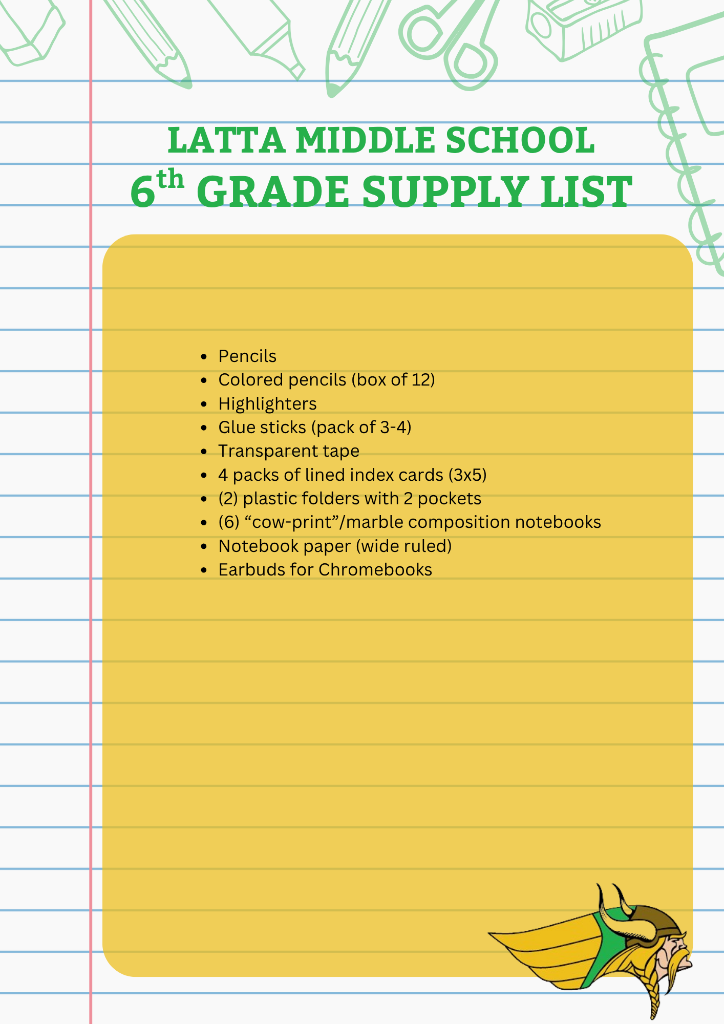 6th Grade Supply List