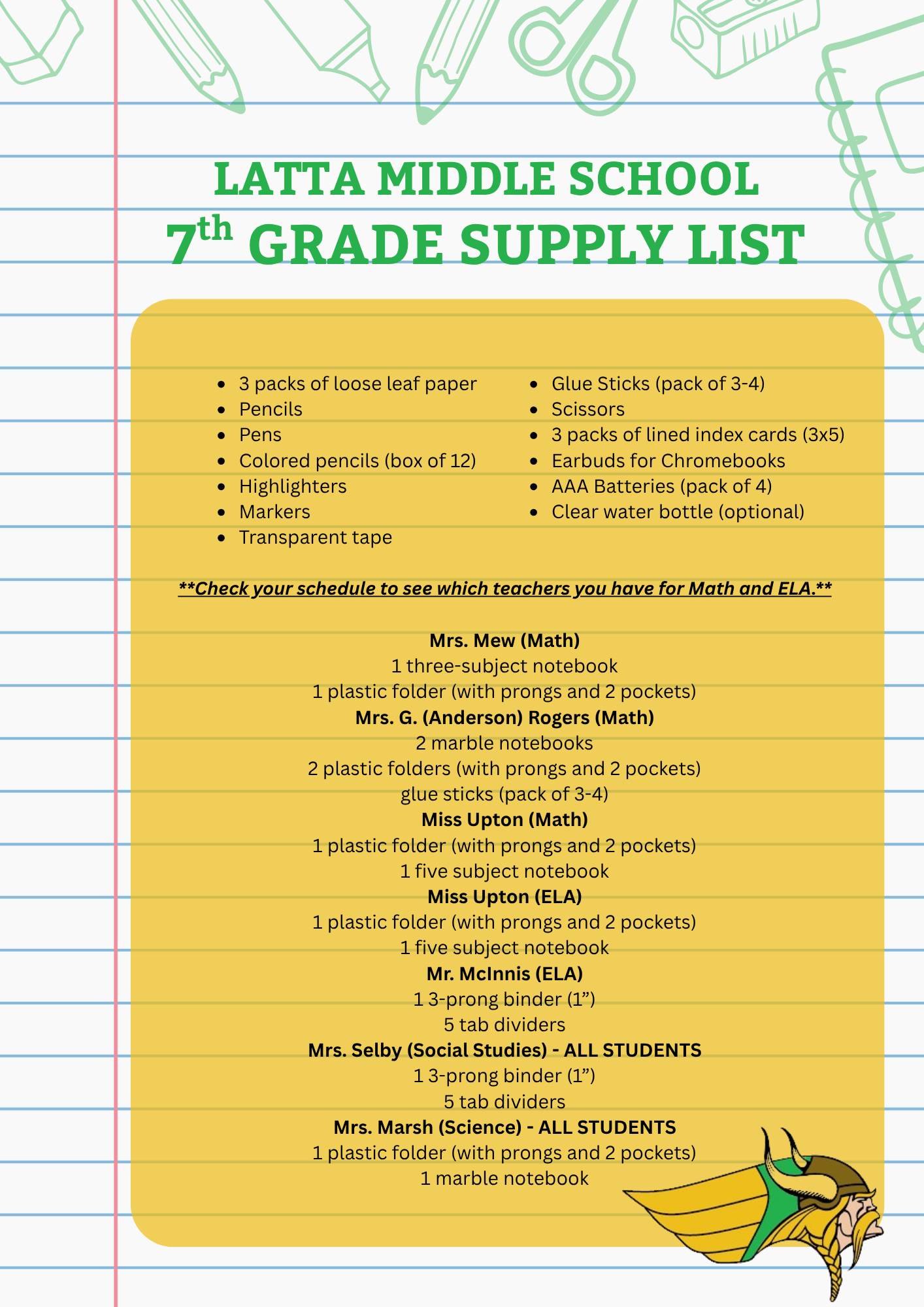 7th Grade Supply List