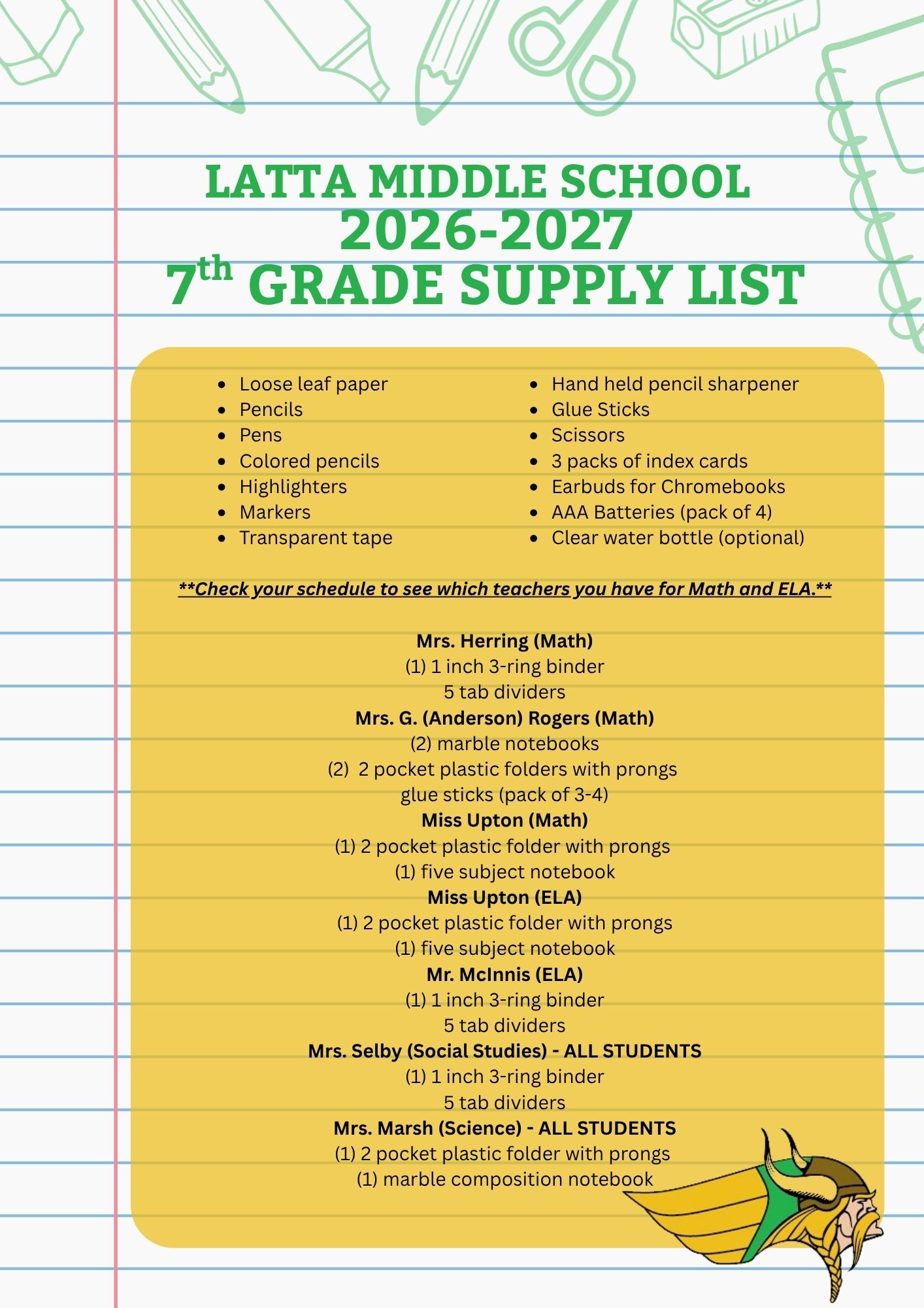7th Grade Supply List 2026-2027