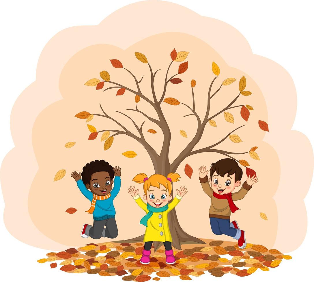 kids playing in fall leaves