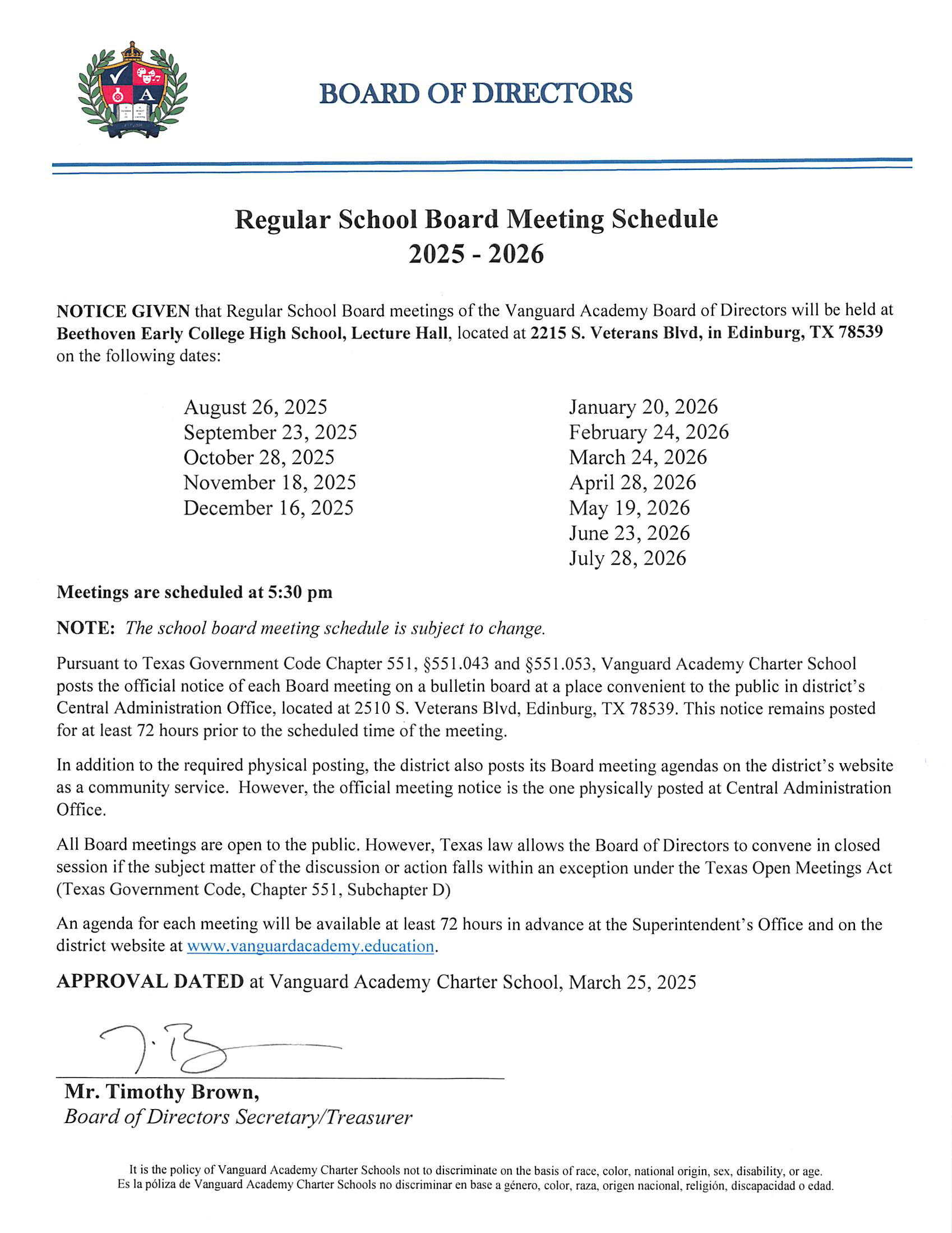 An updated schedule for board meetings