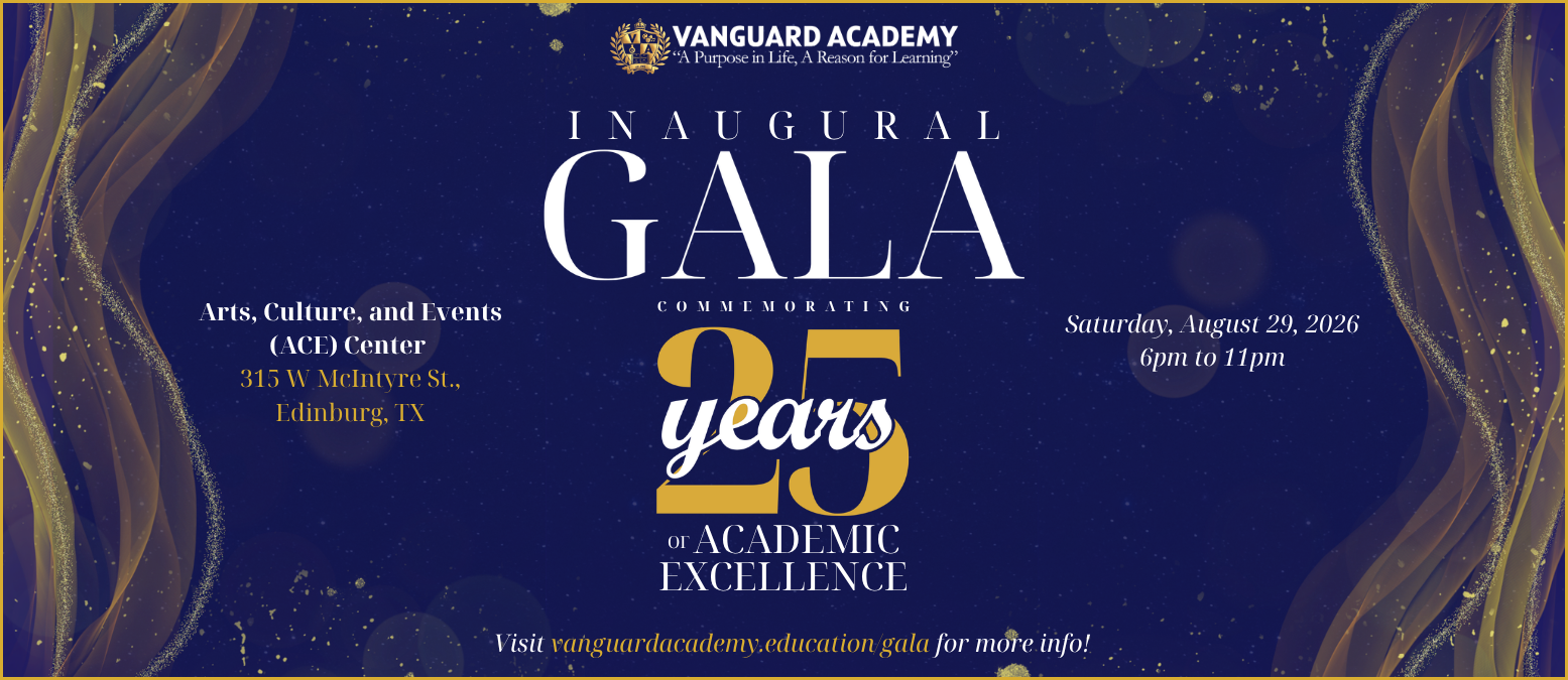 A blue backdrop displays "Inaugural Gala" and "25 Years" in white, along with gold text "Academic Excellence." It includes date, time, and location.