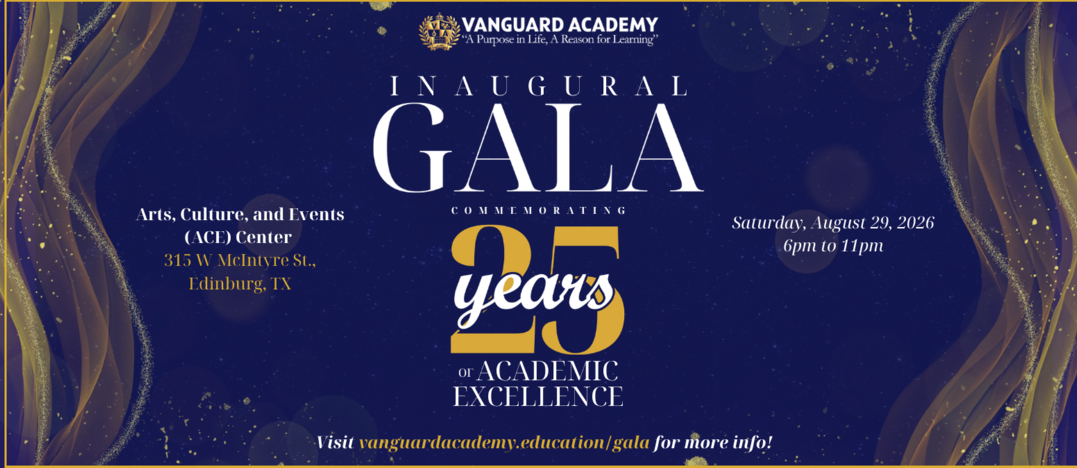 A blue event flyer with "Inaugural Gala" and "25 years" in white, gold, and blue text, with a dark blue background.