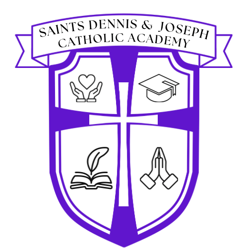 A shield-shaped logo featuring a white cross at the center, surrounded by symbols representing education and faith, with the text 'SAINTS DENNIS & JOSEPH CATHOLIC ACADEMY' on a banner above.