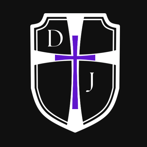 A stylized shield logo featuring a cross and the letters 'D' and 'J' in purple and white against a black background.
