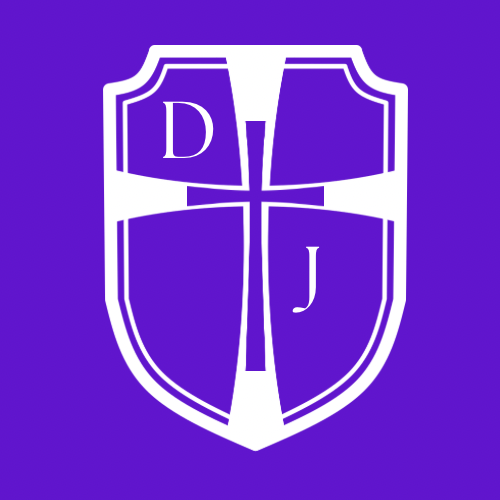 A white shield emblem featuring a cross and the letters 'D' and 'J' on a purple background.