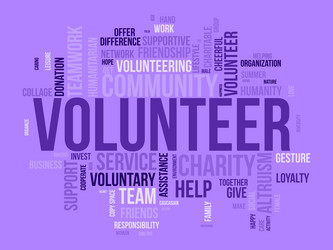 A word cloud featuring the term 'VOLUNTEER' prominently, surrounded by related words such as 'community', 'help', 'charity', and 'team', all set against a purple background.