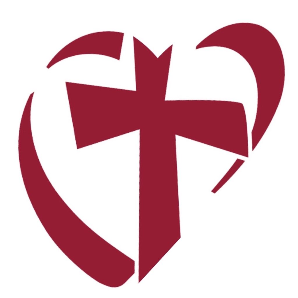 A stylized heart shape with a cross integrated into the design, both depicted in a deep red color.