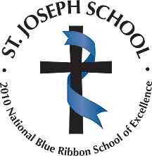 A logo featuring a black cross with a blue ribbon, surrounded by the text 'ST. JOSEPH SCHOOL' and '2010 National Blue Ribbon School of Excellence.'