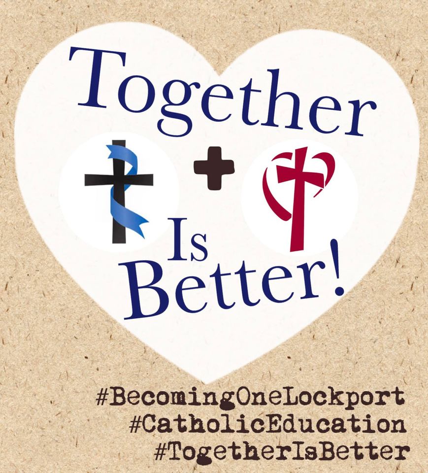 A heart-shaped graphic featuring a blue ribbon and two crosses, with the text 'Together Is Better!' and hashtags related to Catholic education.