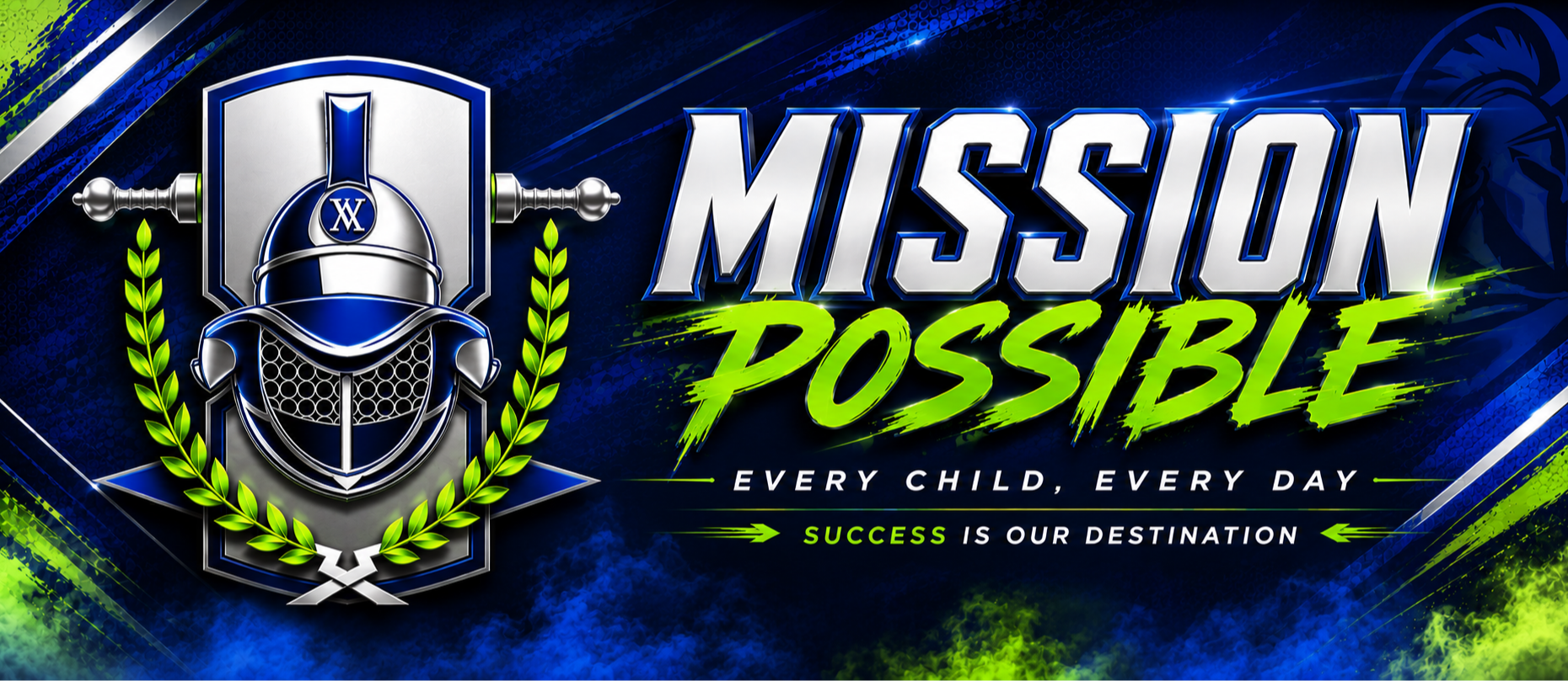 A logo featuring a knight helmet with a crest and "Mission Possible" written above it.