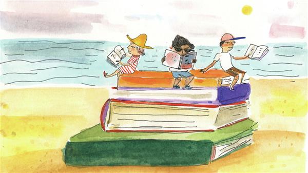illustration of kids reading books at a beach