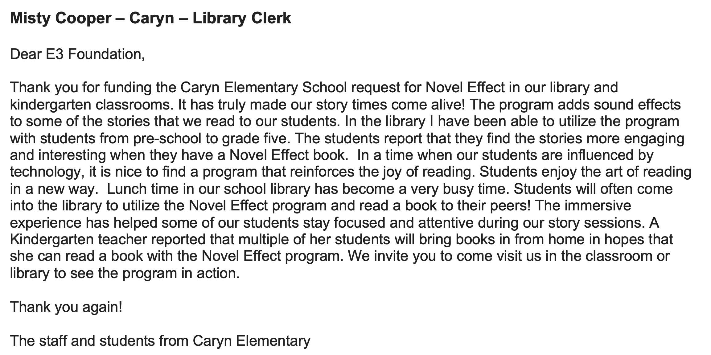 Misty Cooper Novel Effect program thank you