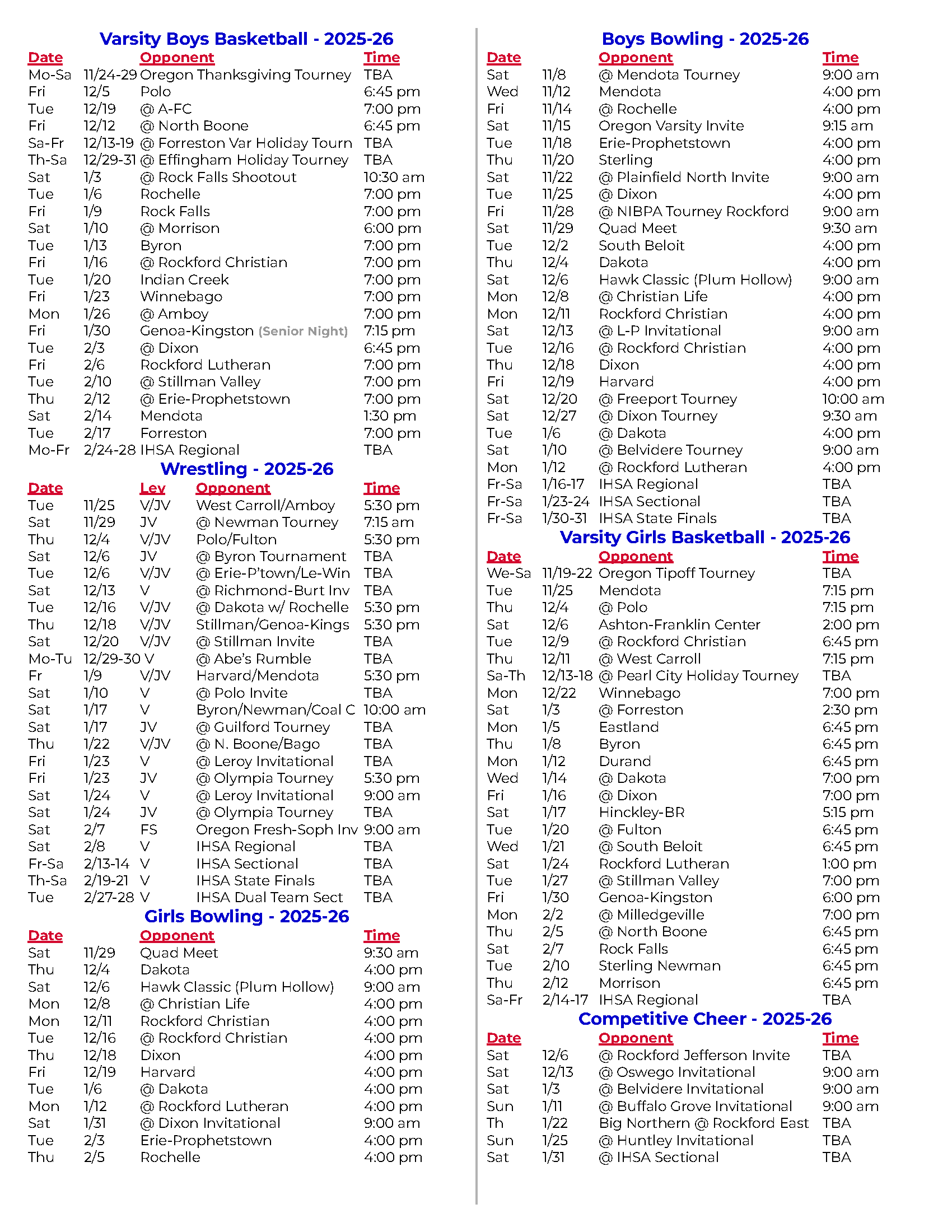 Winter Sport Schedules