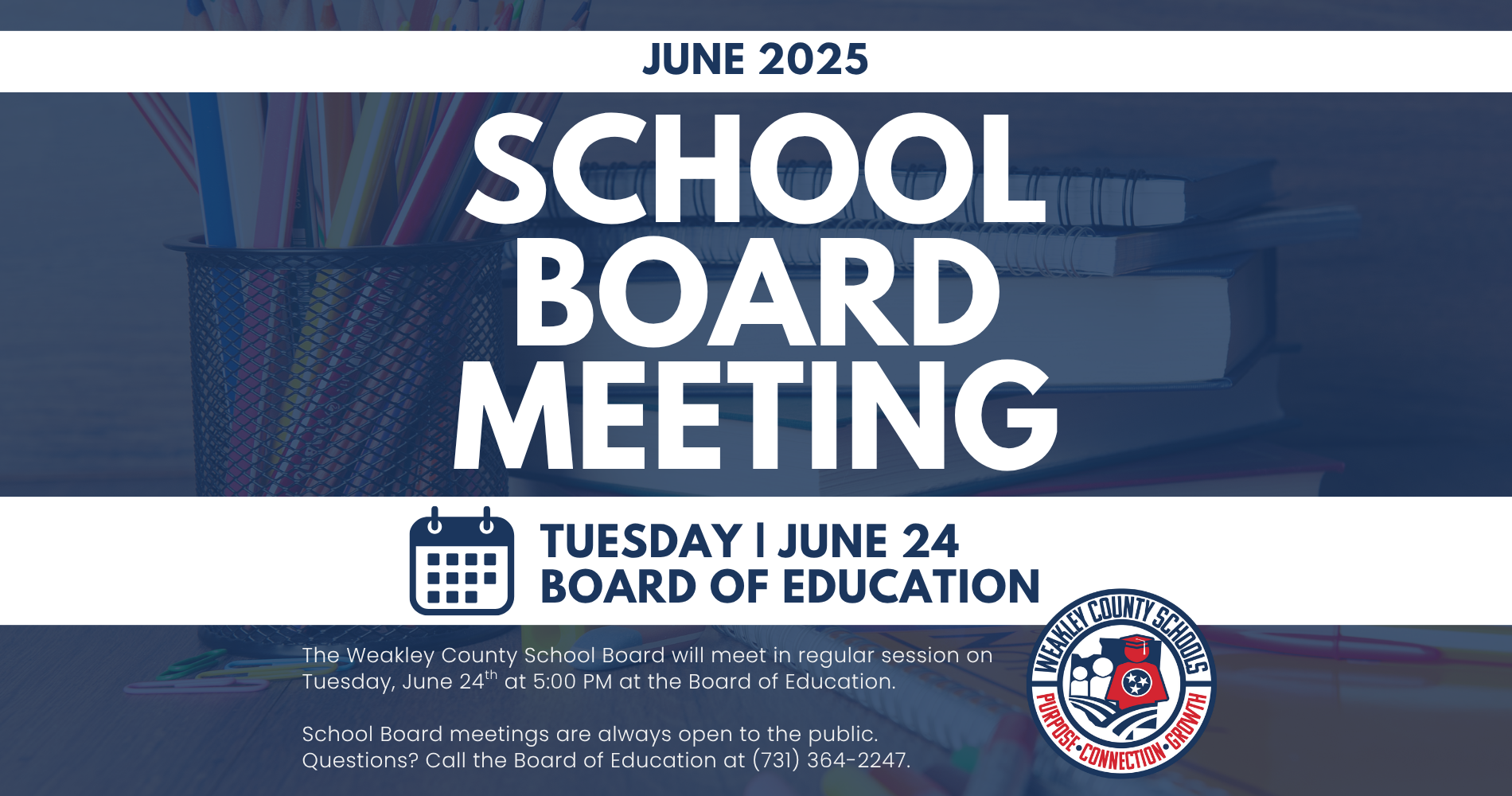 informational graphic tile announcing the school board meeting on june 24th at 5 PM at the Board of Education