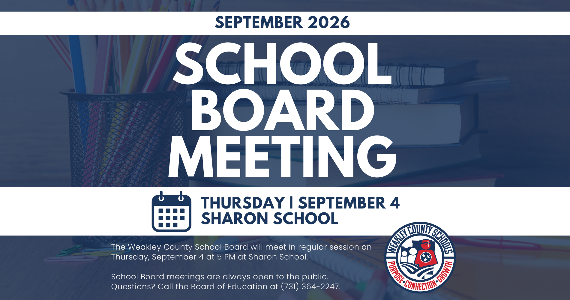 informational graphic tile announcing the school board meeting on september 4 at 5 PM at Sharon School
