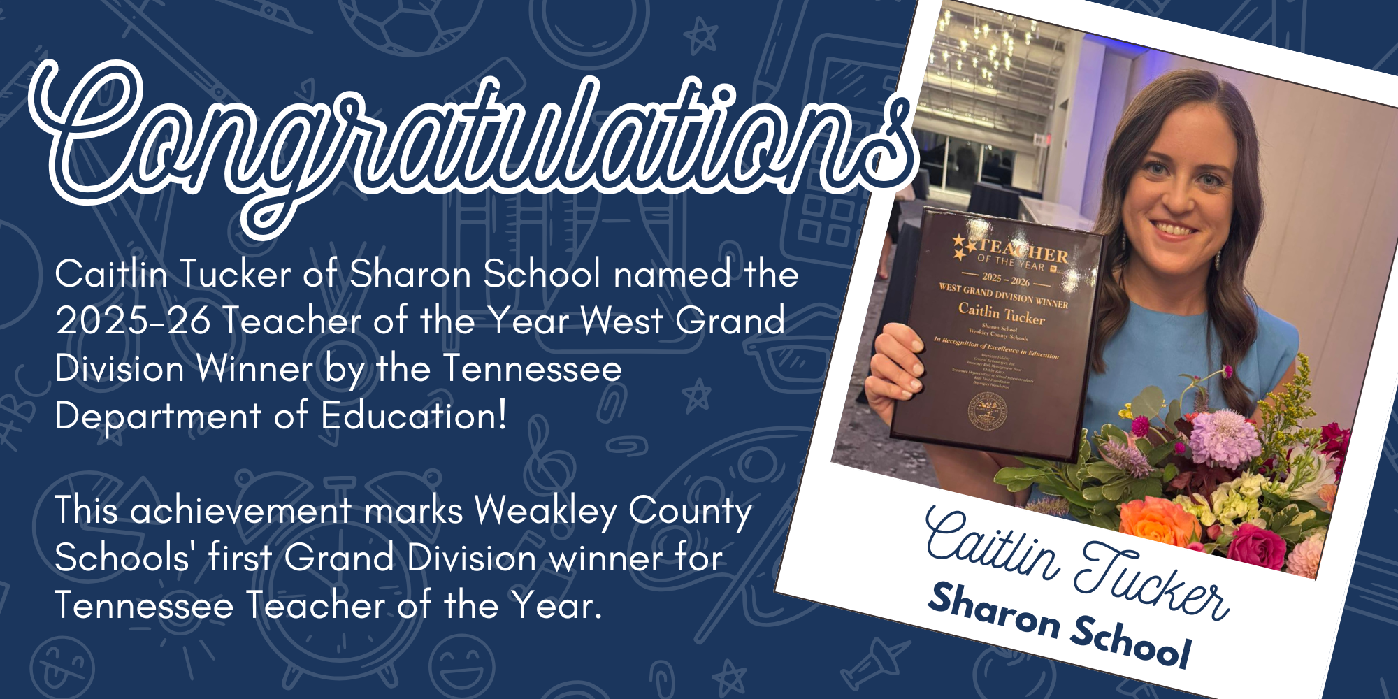 graphic congratulating caitlin tucker as teacher of the year west grand division winner