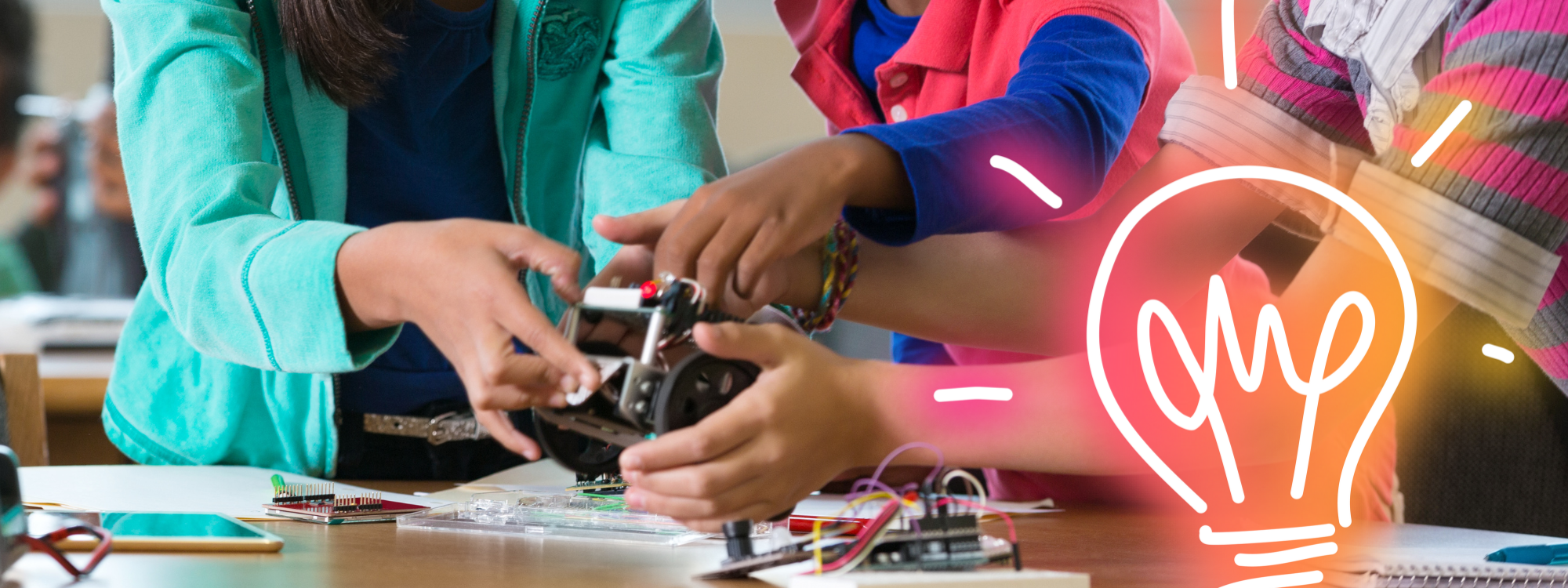image of kids using STEM tools with a lightbulb over the top