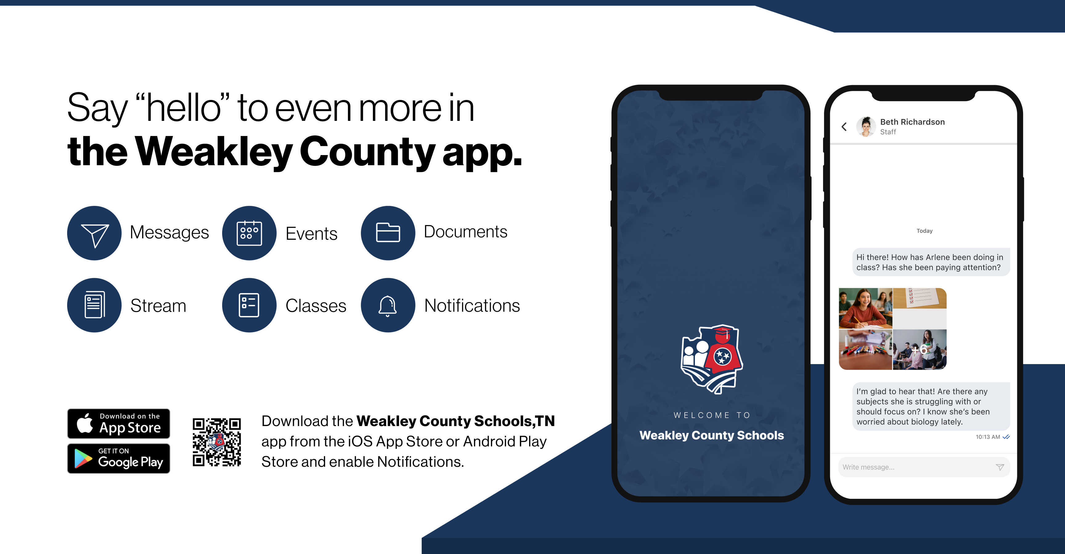 A display of a mobile app interface showing options for Messages, Events, Documents, Stream, Classes, and Notifications.