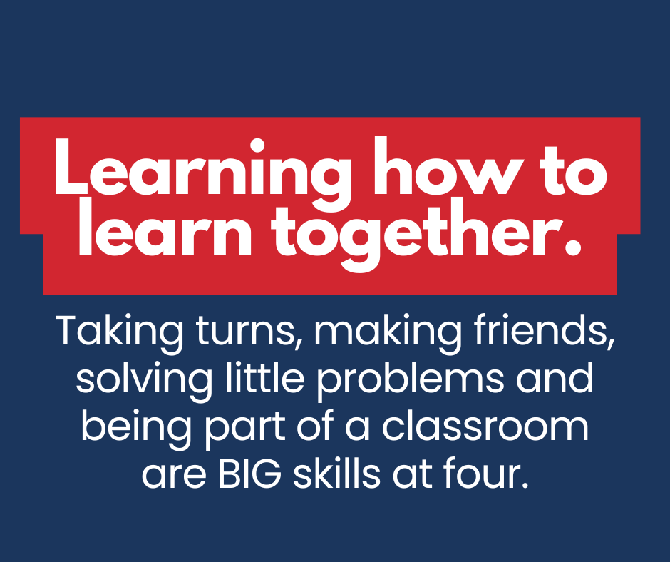 Blue background with red banner. Bold text reads "Learning how to learn together." Below, text describes skills.