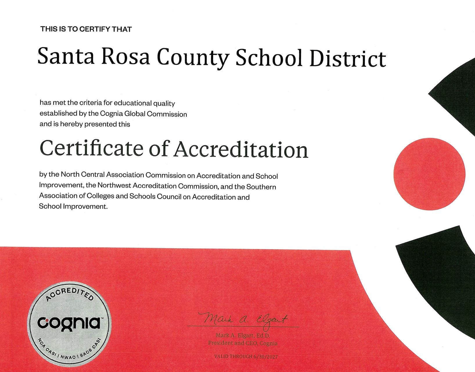 Certificate of Accreditation from the Santa Rosa County School District