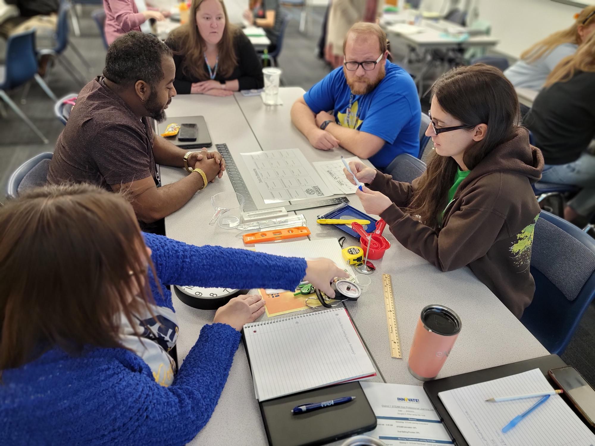 A group of people sitting around a table, working on a project or activity.